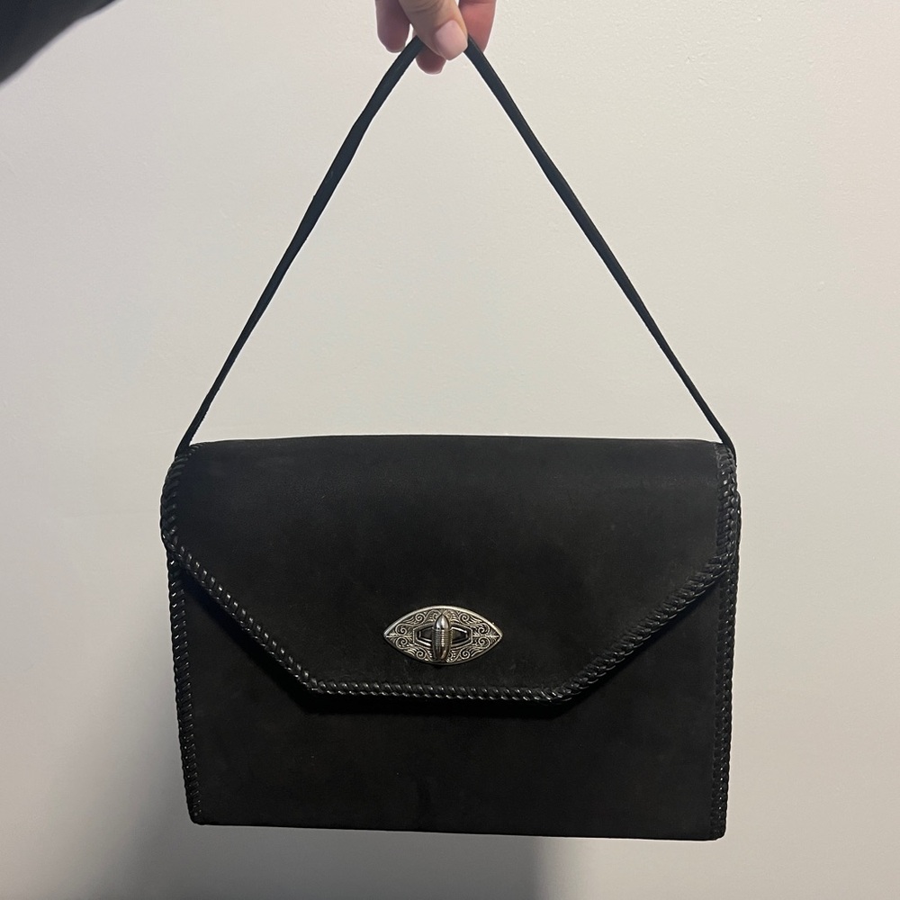 VINTAGE 1930s BLACK SUEDE SHOULDER BAG - Picture 2 of 8